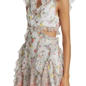 Alice + Olivia White Mini Dress with Pastel Floral Ruffle Details